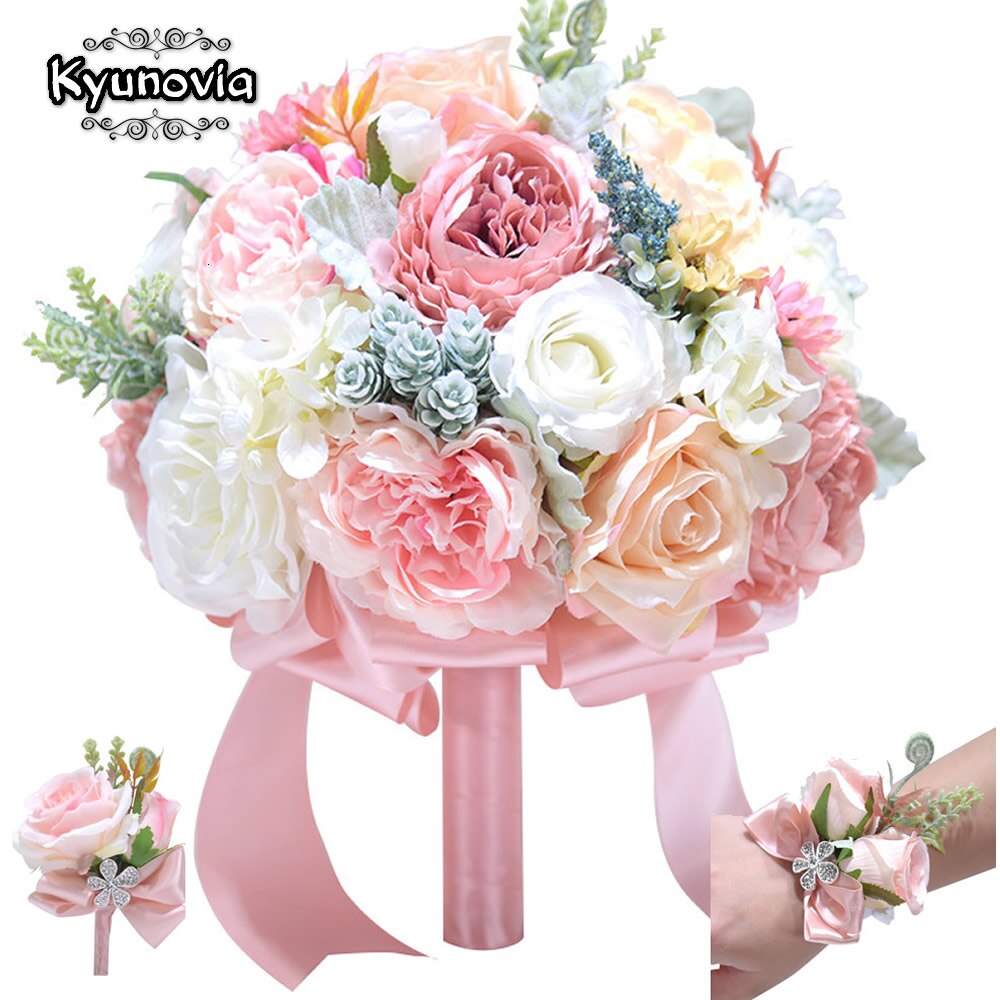 Kyunovia Neue Hochzeit Strauß Lvory und Errözehn Rosa Pfingstrose Hochzeit blume Seide Braut Strauß buque de noiva ramos de novia GC9