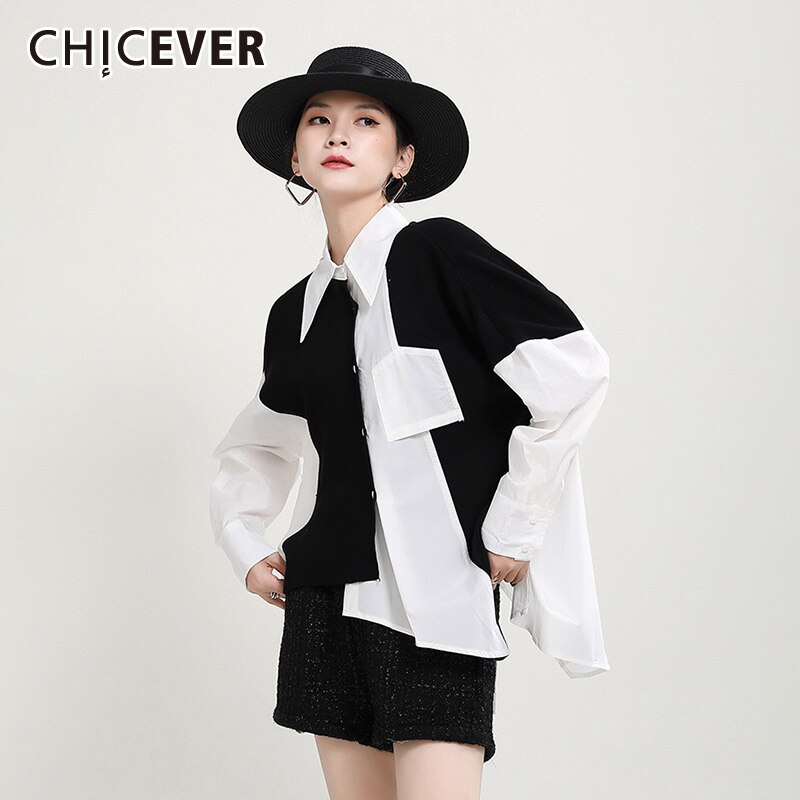 CHICEVER Koreanische Hemden Für Frauen Revers Langarm Patchwork gestreift Schlag Farbe Seite Teilt Übergroßen Blusen Weibliche Kleidung