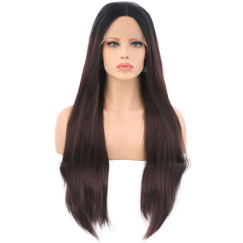 Bombe Schwarz Ombre Dunkelbraun Gerade Synthetische Spitze Vorne Perücke Glueless Hitze Beständig Faser Haar Mittelscheitel Für Frauen