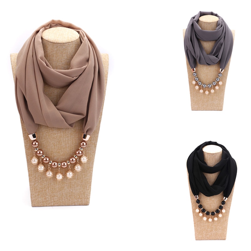Schmuck Anhänger Halsketten Schal Solide Chiffon Hijab Rund Perlen Anhänger Schal Frauen Dekorative Halstuch