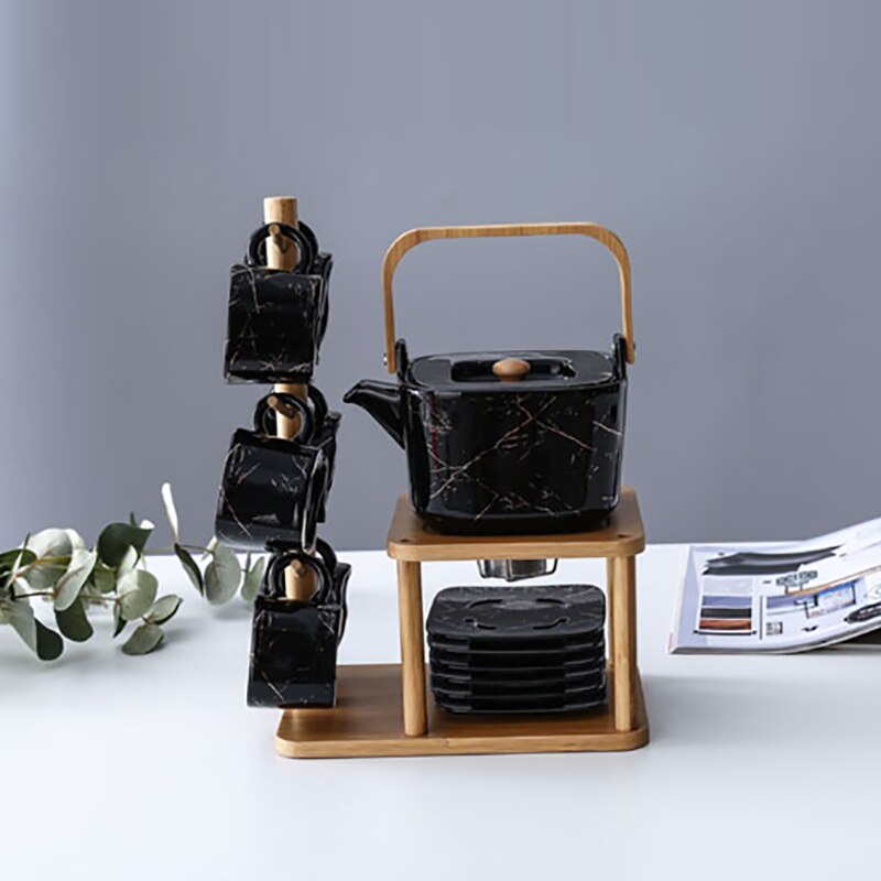 Luxus Kunst Keramik Schwarz Gold aufbringen Kung Fu Tee-einstellen Obst Teekanne einstellen Nachmittag Tee Tee-einstellen Sechs-stück kerze Heizung Teapotgift