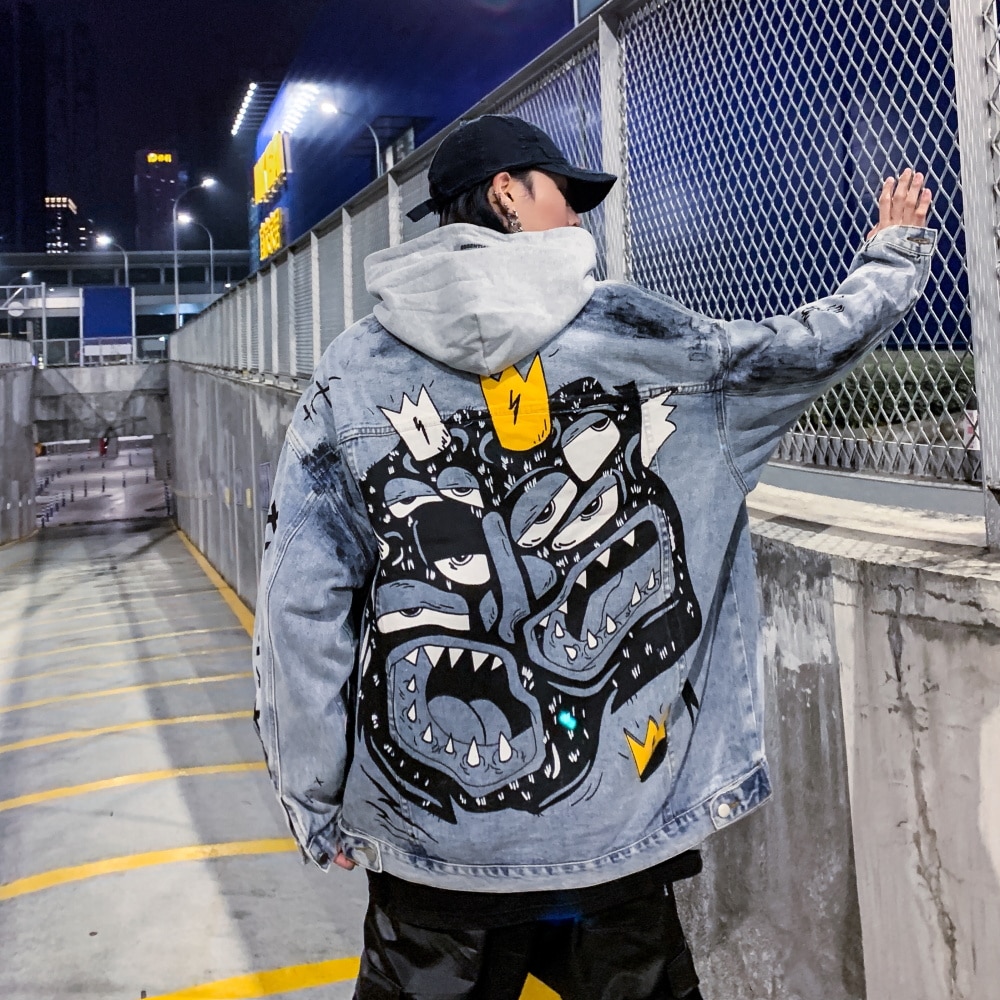 Hüfte hüpfen Mens Harajuku Streetwear Denim Jacke gerissen Löcher verlieren Bomber Jacke Denim Herbst Gewaschen Baumwolle Jacke Mantel Jean