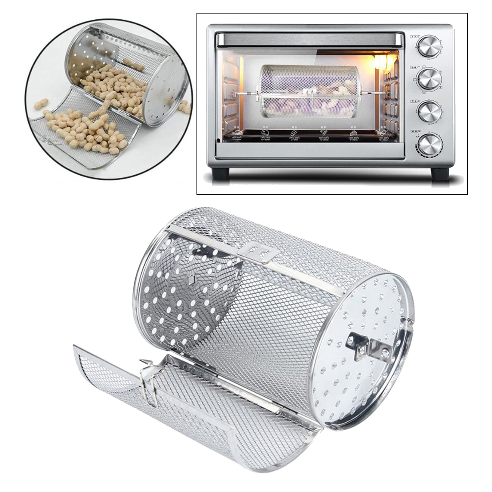 Rotisserie Grill Röster Trommel Ofen Korb Braten Backofen Backen Dreh Silber