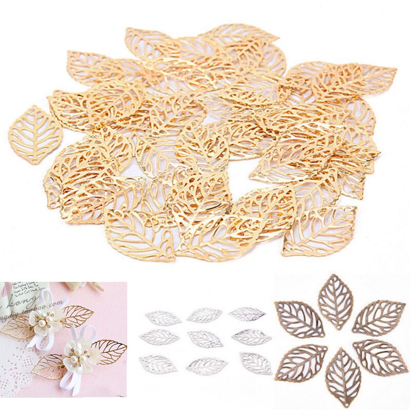 Neue 50 stücke Handwerk Hohl Blätter Anhänger Schmuck Zubehör Gold Charme Filigrane Schmuck Herstellung Vergoldet Jahrgang DIY Haar Kamm