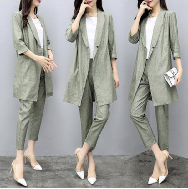 2 stück setzt Frühling Herbst Frauen Anzüge Baumwolle Leinen Blazer Beiläufige Elegante Büro Damen Stil Lange Hosen einstellen