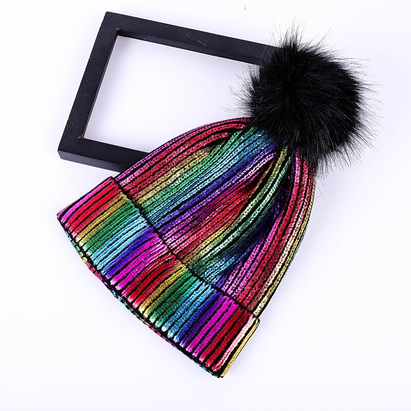 Herbst Winter eins Gold Silber Lila Bunte Glänzende Frauen Acryl Gestrickte Mütze Kappe Hütte Skullies Mädchen Mützen Frauen Kappen