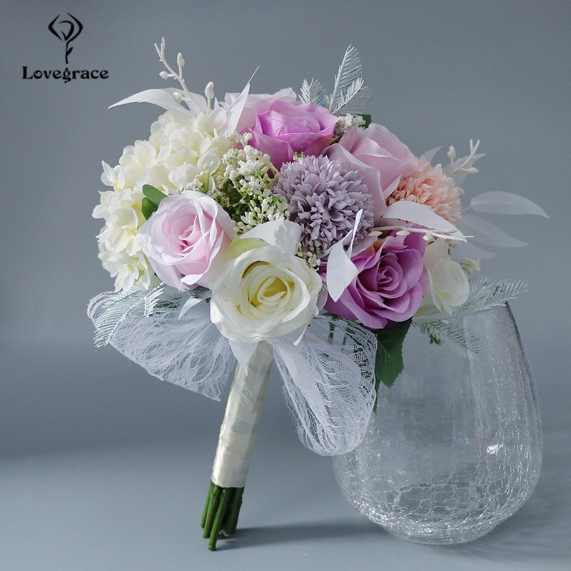 Lila Rosa Hochzeit Strauß für Brautjungfern Seide Rosen Hochzeit Blumen Braut Blumensträuße Künstliche Flore Ehe Dekoration