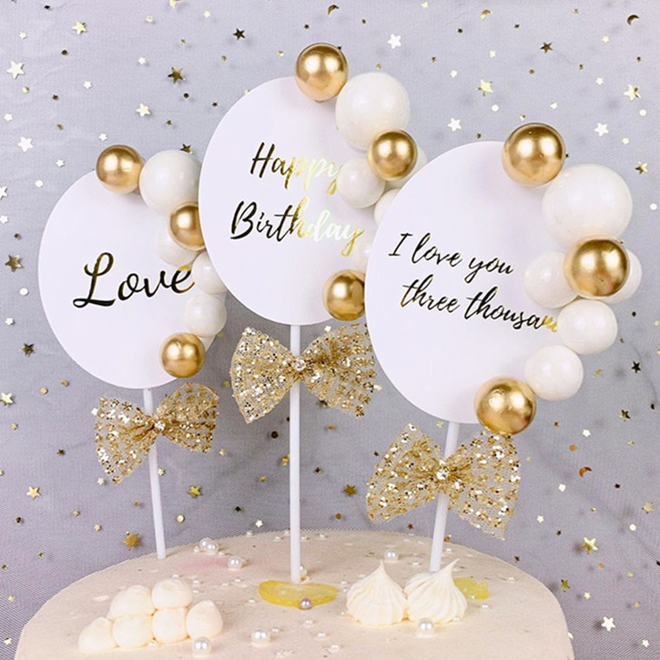 1pc Glücklich Geburtstag Liebe Kuchen Deckel Gold Kreis Bälle Cupcake Deckel Geburtstag Party Baby Dusche Dekor Hochzeit Kuchen Dekoration