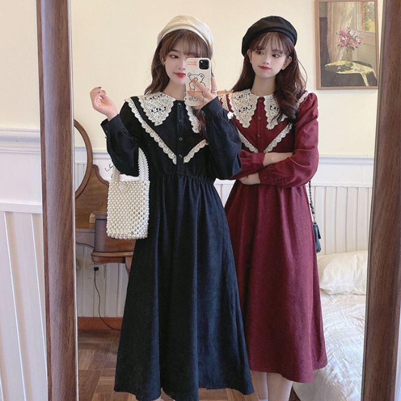 Japanischen Stil Puppe Kragen Taille Abnehmen Kabel Lange-Ärmeln Kleid Frauen der Herbst Winter kawaii kleidung süße Lolita kleid