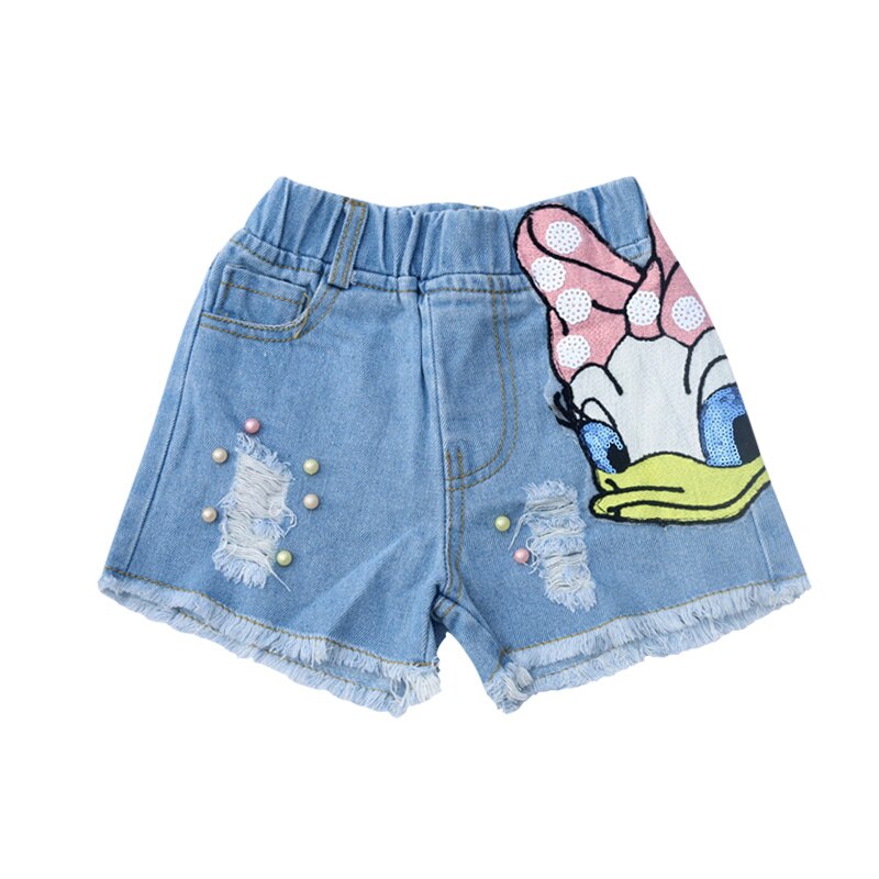 Sommer Baby kurze Hose mädchen Denim kurze Hose freundlicher kurze Hose freundlicher Böden Karikatur ente pailletten zerrissene bunte perle 2 zu 7 jahre
