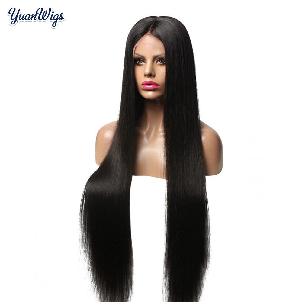 YuanWigs Schwarz Lange Seidige Gerade Haar Perücken Glueless Hitze Beständig Synthetische Spitze Vorderseite Perücke für Schwarze Frauen