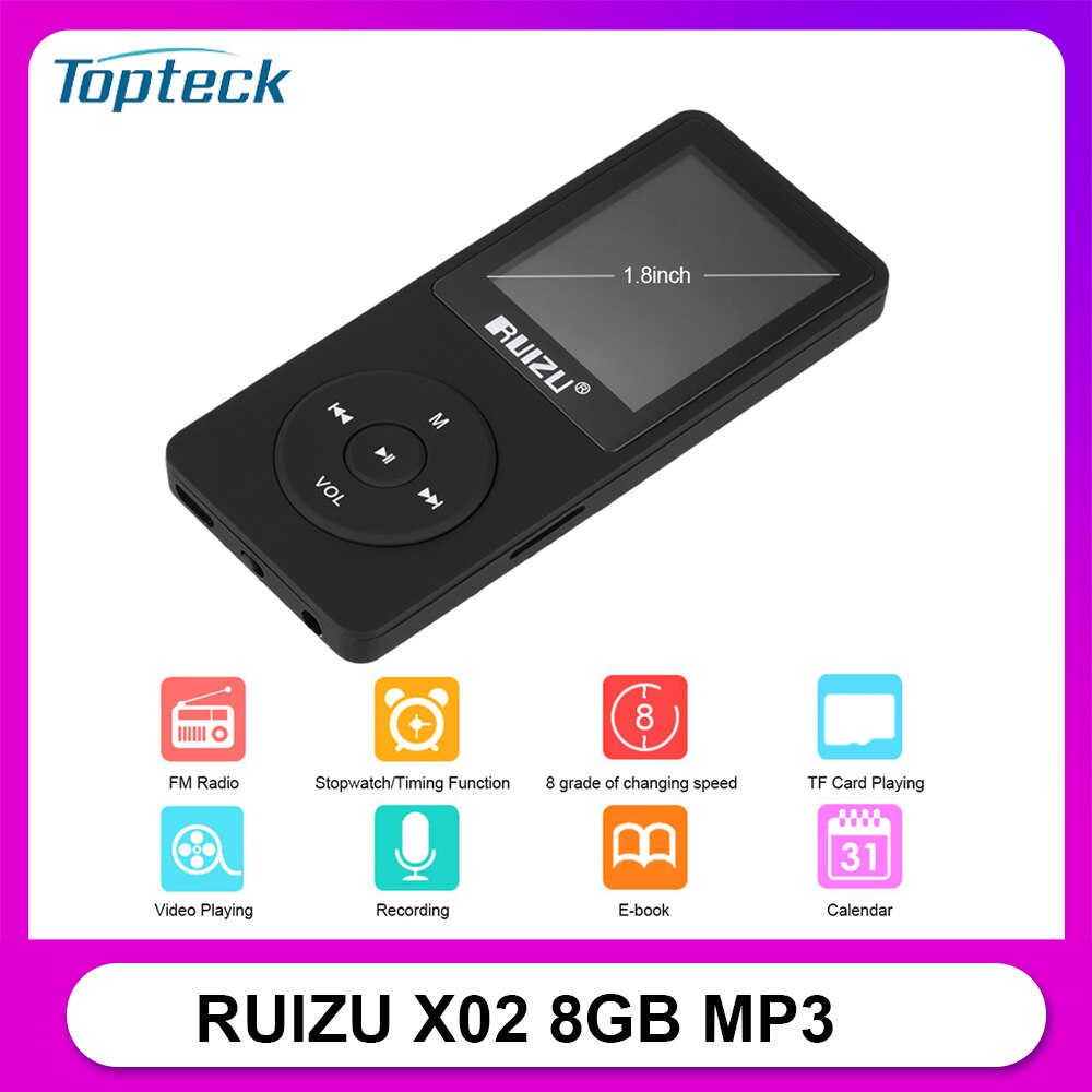 RUIZU X02 8GB 1,8 in MP3 MP4 Spieler HiFi Verlustfreie Klang Stoppuhr TF Karte FM Radio Aufnahme e-Buchen Kalender zeitliche Koordinierung