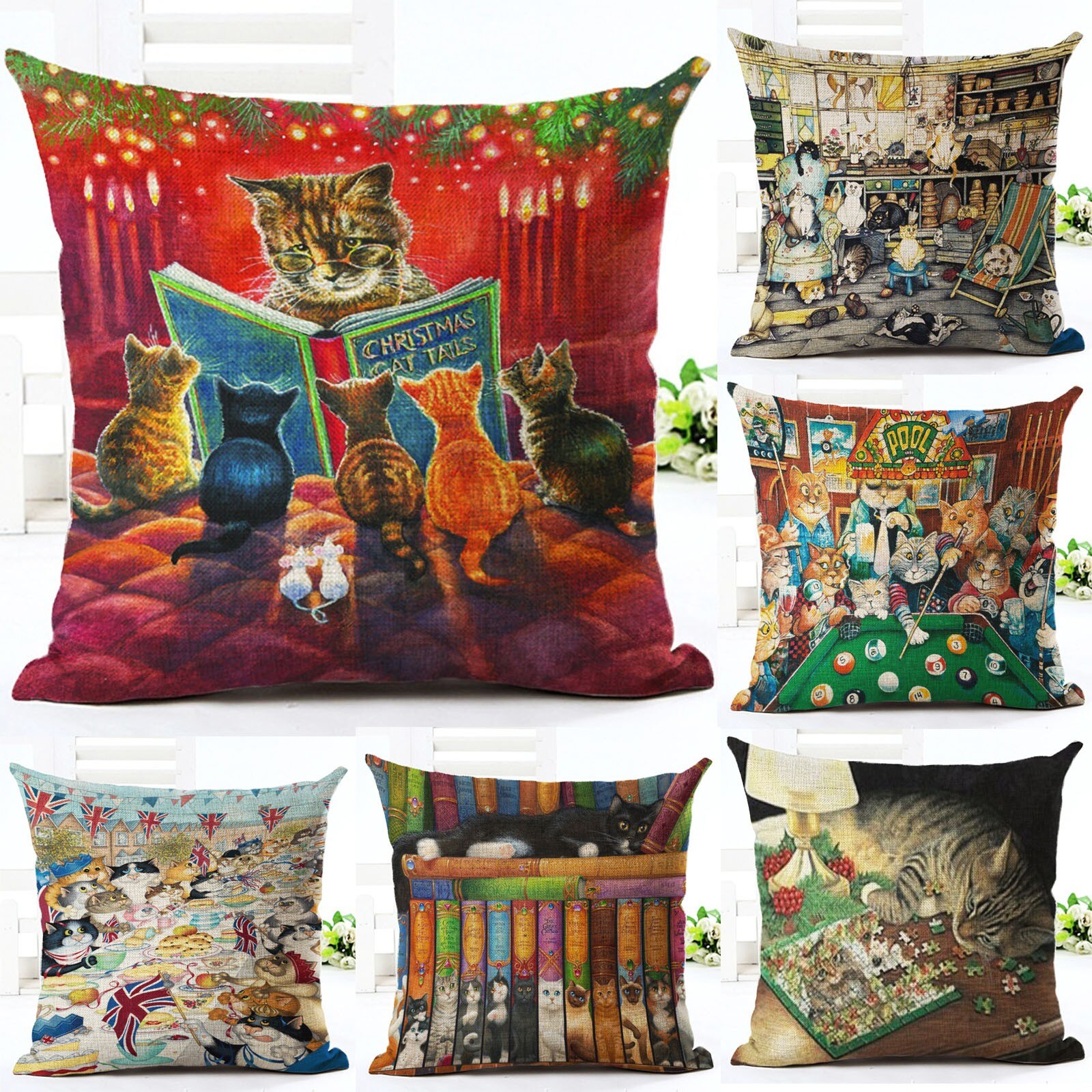 Weihnachten Dekorationen Weihnachten Kissen Abdeckungen 1pc Nette Katze Druck Kissenbezug Kissen Abdeckung Jahrgang Stil retro Stil Katzen