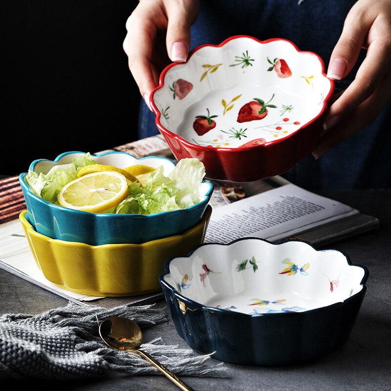 nordisch Einfache Hand bemalt Keramik Salat Kuchen Schüssel Bunte Porzellan Suppe Obst Schüssel Spitze Reis Nachtisch Snack Schüssel Geschirr