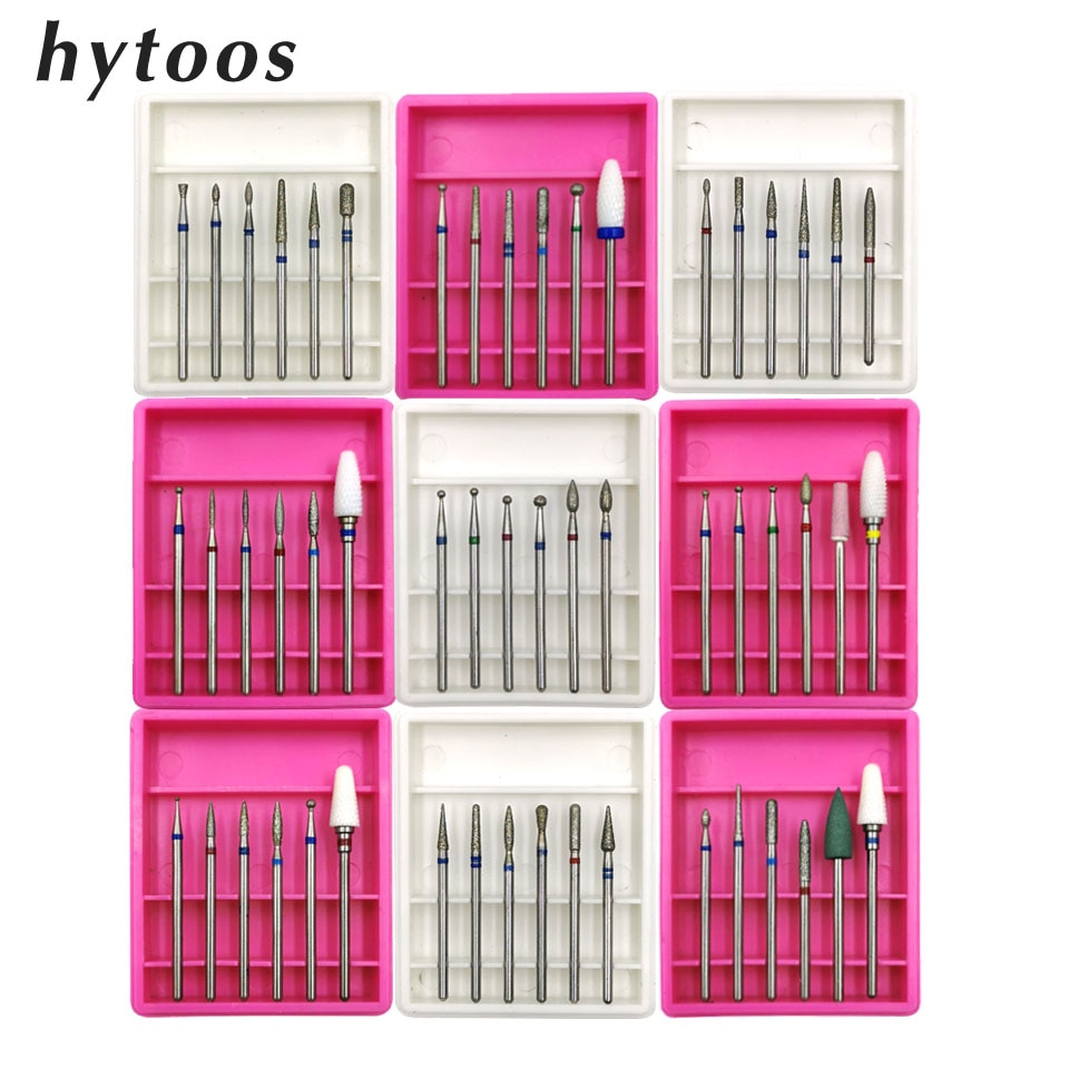 HYTOOS 6Stck Keramik Diamant Nagel Bohrer einstellen 3/32 'rotierend Häutchen Grat Fräsen Cutter für Manikübetreffend Nagel Bohrer werkzeug