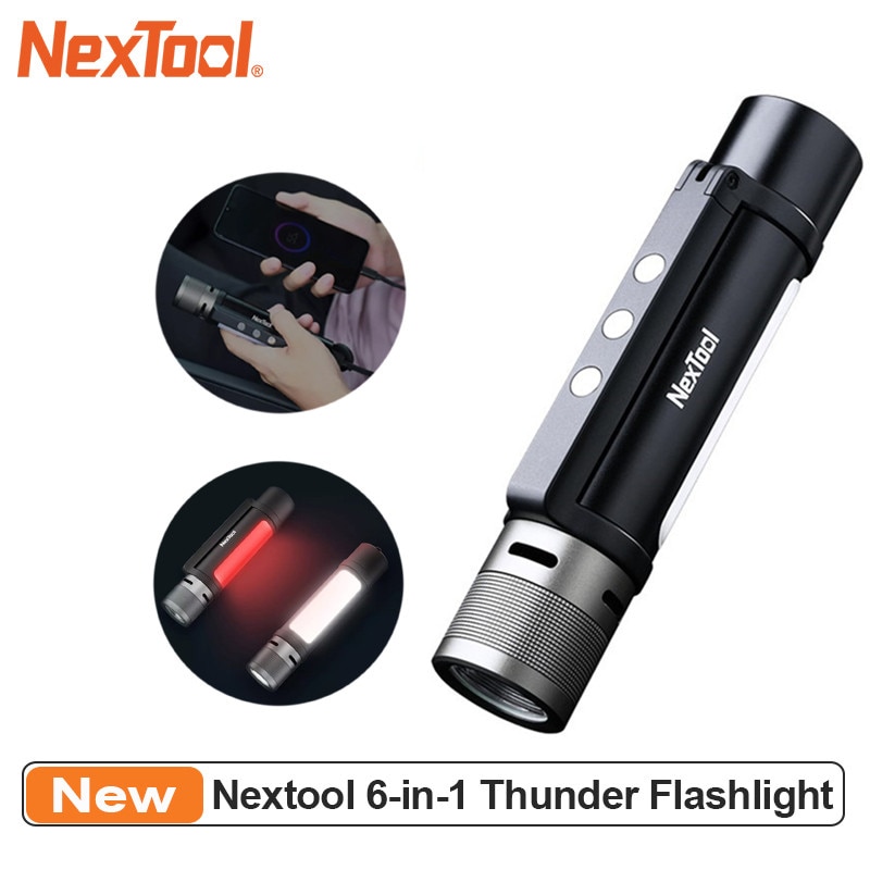 NEXTOOL 6-in-1 1000lm Dual-licht Zoomable Alarm Taschenlampe USB-C Wiederaufladbare Handy, Mobiltelefon Energie Bank Magnetische Camping arbeit