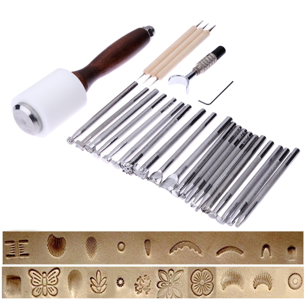 25 Teile/satz Manuelle Leder Carving Stempel Hammer Präge Beveler Werkzeuge Bausatz Leathercraft Staming Werkzeuge