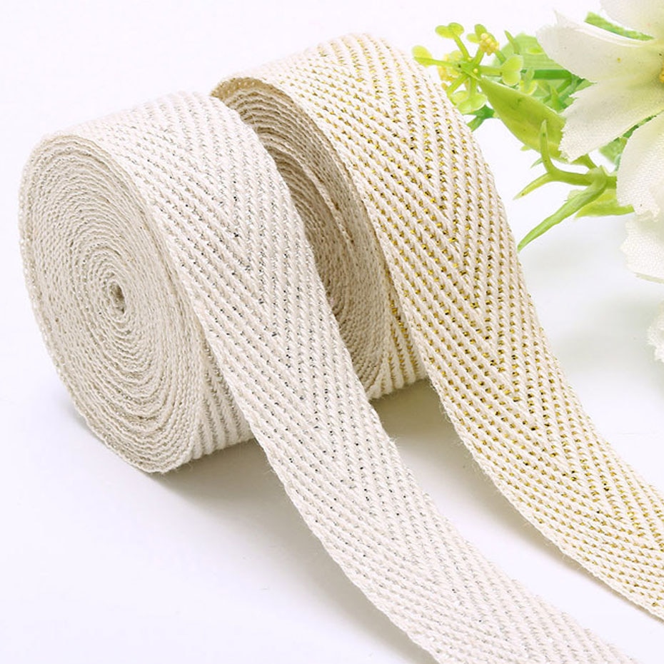 50 Meter/rollen 10mm/15mm/20mm/25mm 100% Baumwolle Fischgräzehn Köper Silber/Gold Draht Beige Gurtband Band Kleidungsstück NäHenne Band
