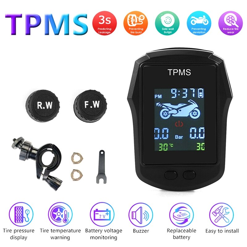 Motorrad TPMS LCD Digitale Reifendruck-Monitor-System mit Batterie Spannung Monitor Zeit Anzeige Reifen Temp Warnung