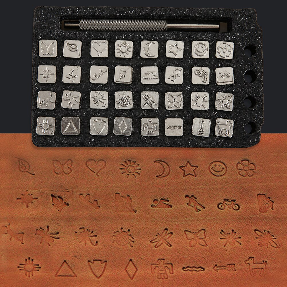32 stücke Zink-legierung Grafik Stempel schlagen einstellen Hohe Härte Leder Handwerk Stempel Werkzeuge Leder Carving Dichtung Werkzeuge mit Griff
