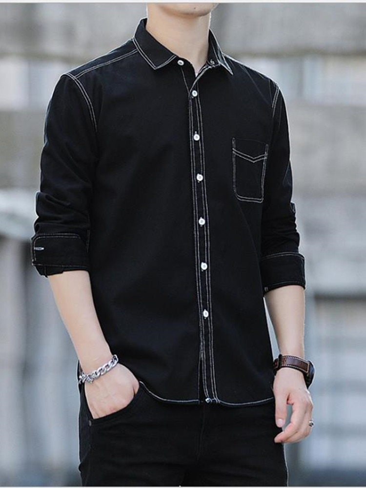 2022 neue schwarz 100% baumwolle hemd Japanischen schick lässig hemd Nachahmung Denim waschen schlicht langarm-Shirt einfache Kunst und weise hemd