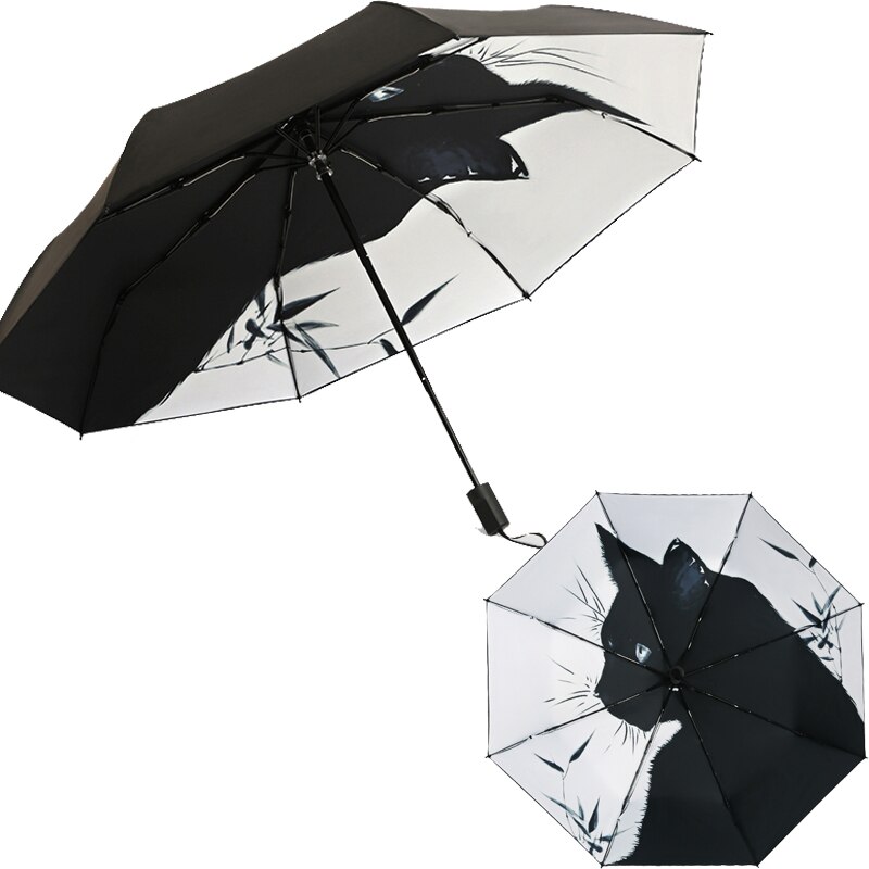 Frau Falten Regenschirm Original Mann Sonnenschirm Schwarz Karikatur Katze UPF50 + Anti-Uv Studenten Sonnenschirm Jungen Regen Getriebe Parapluie