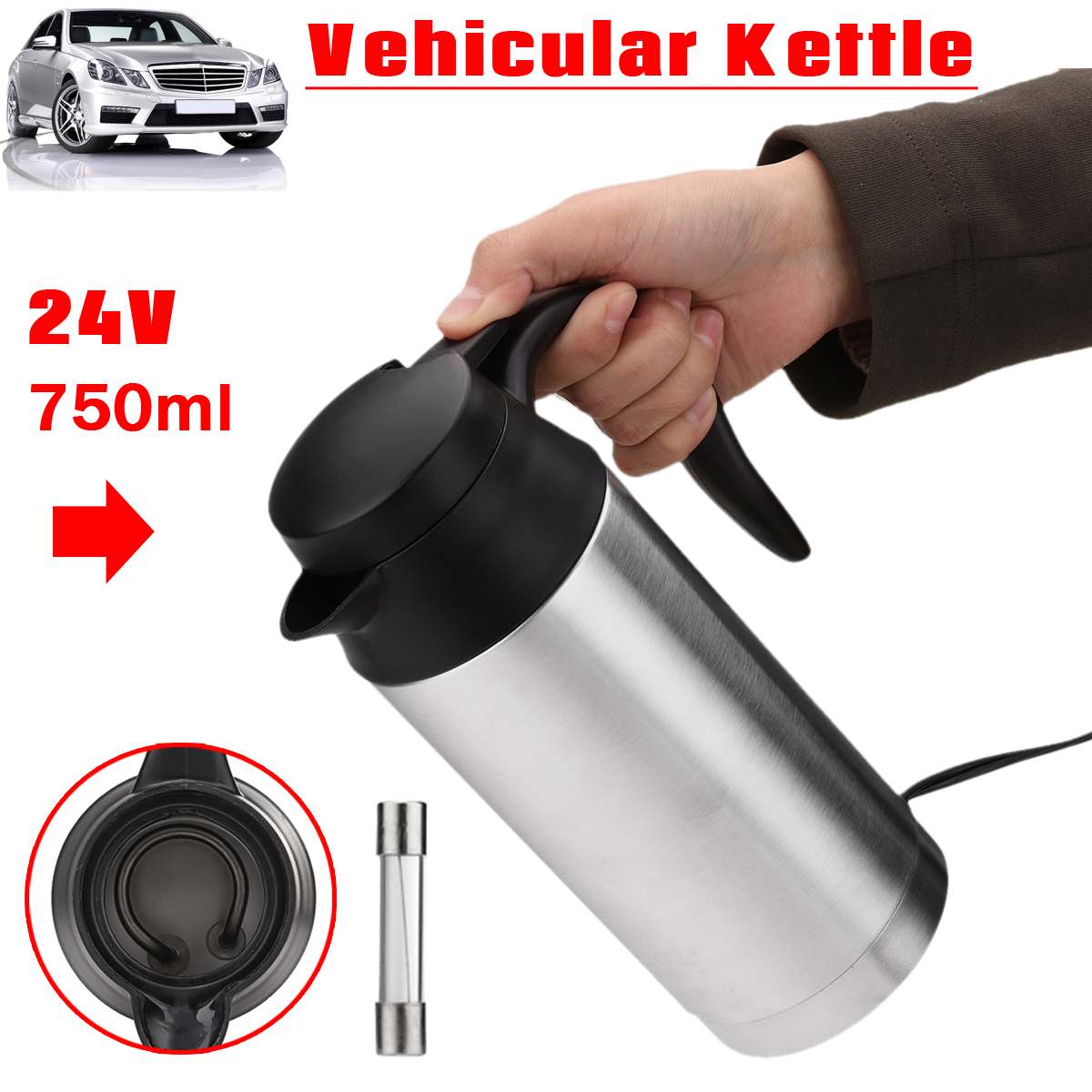 750ml in-Auto Elektrische Wasserkocher Tragbare Kochendem Wasserkocher Fahrzeug Universal- 24V Edelstahl Fahrzeug- Reise Heißer Wasser kaffee Tee