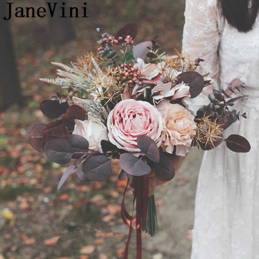 JaneVini Jahrgang Herbst Hochzeit Strauß Ramo Künstliche Braut Schokolade Seide Pfingstrose Europäischen halten Blumen Hochzeit Zubehör