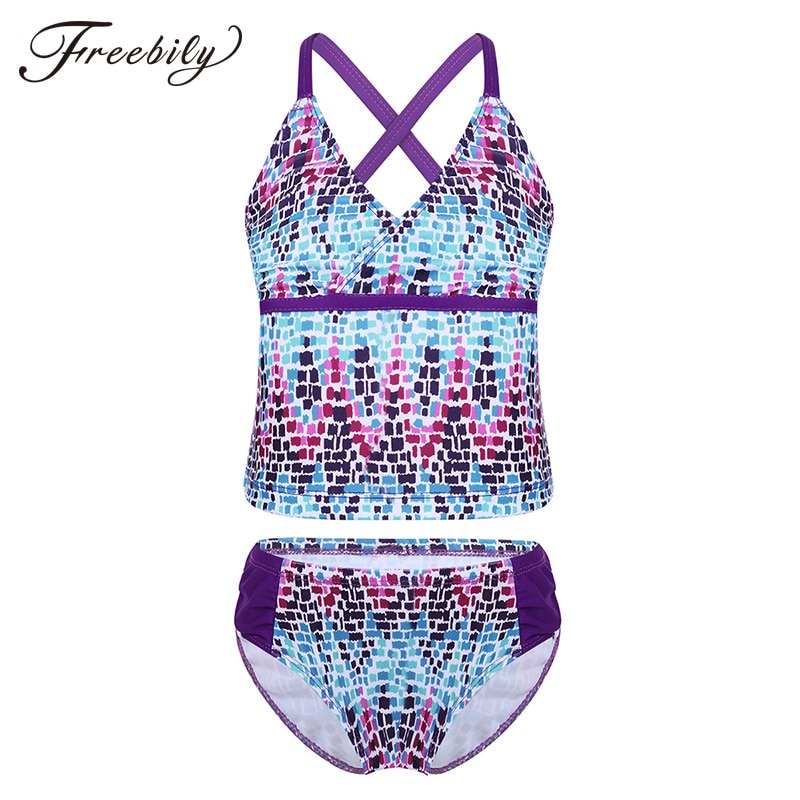 freundlicher Jugendliche Zwei-stück Tankini Badeanzug freundlicher Mädchen Bunte Digitale Gedruckt Bademode Schwimmen Spitzen Unterhose Bikini einstellen Badeanzüge