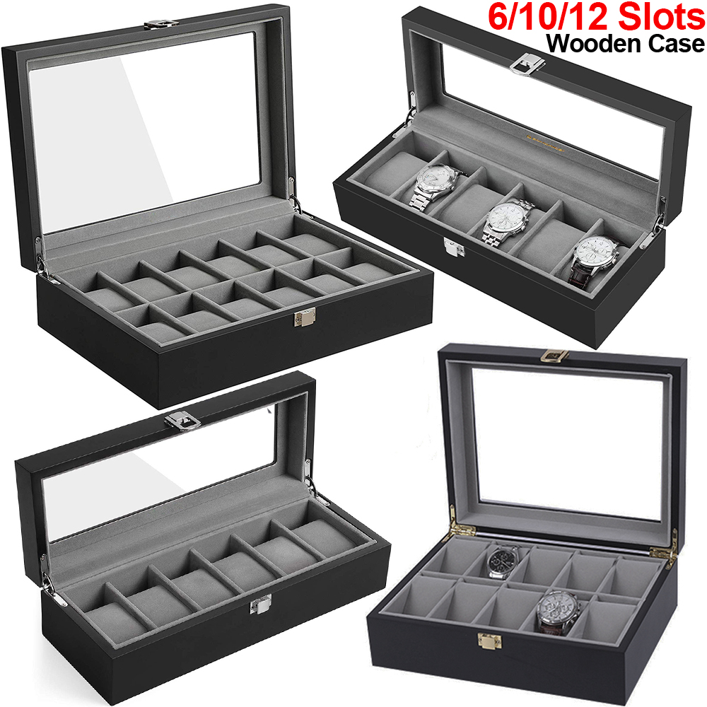 6/10/12 Schlüssel Uhr Kasten Schwarz Holz Luxus Uhr fallen Uhr Anzeige Strage Organizer Glas oben Uhren kollektor Speicher D40