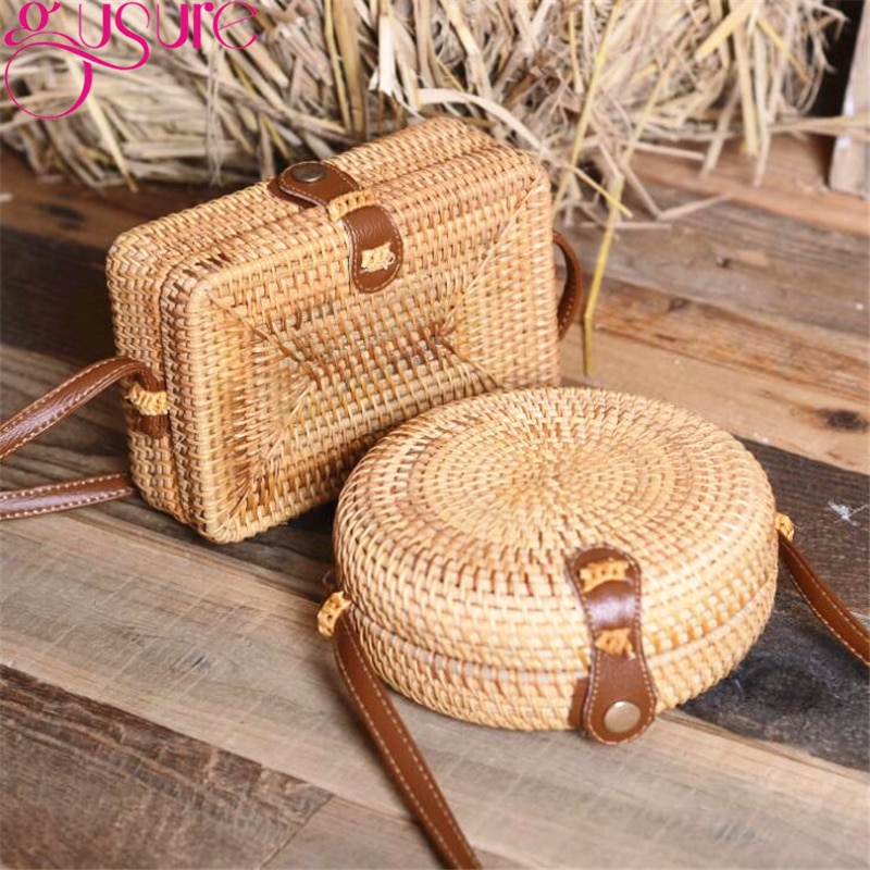 Gusure Runde Platz Stroh Taschen Frauen Sommer Rattan Tasche Handarbeit Gewebt Strand Crossbody Bote Taschen Böhmen Reise Handtaschen