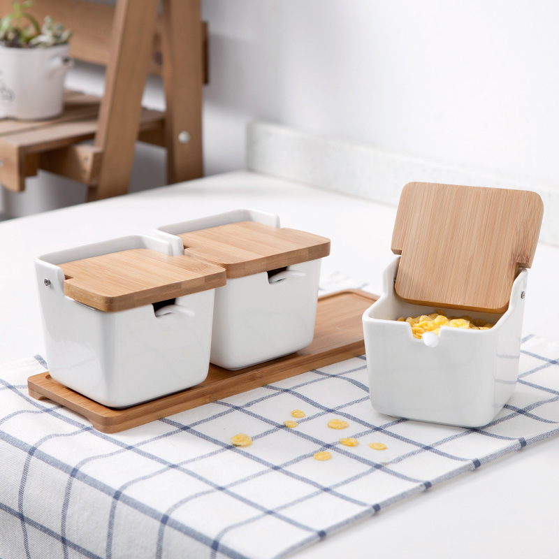 einstellen von 4 würzen Töpfe Schalen Mit Löffel & Porzellan Kasten und Bambus Abdeckung-Lagerung Container Würze Gläser Keramik gewürz Gestell