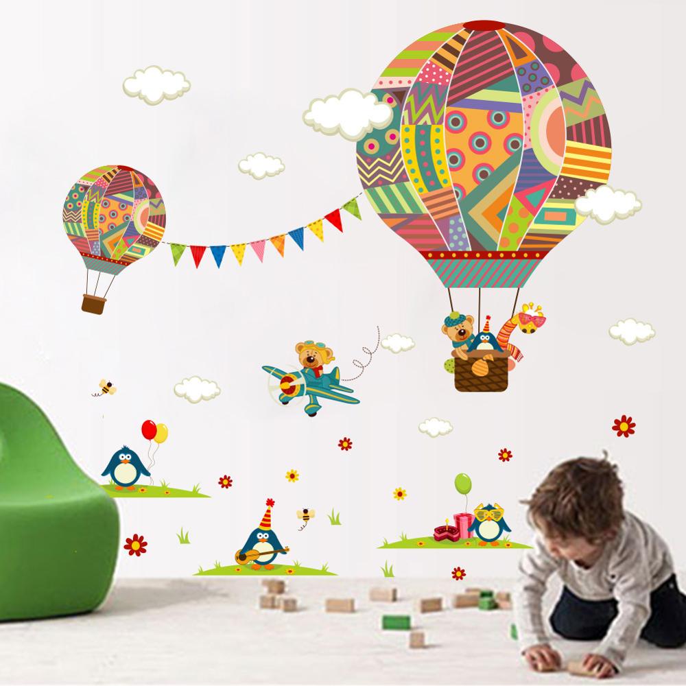 Bunte Heißer Luft Ballon Ebene Kinderzimmer Zauberstab aufkleber Bär Giraffe Kinderzimmer Karikatur klassenzimmer Zauberstab Decals Poster