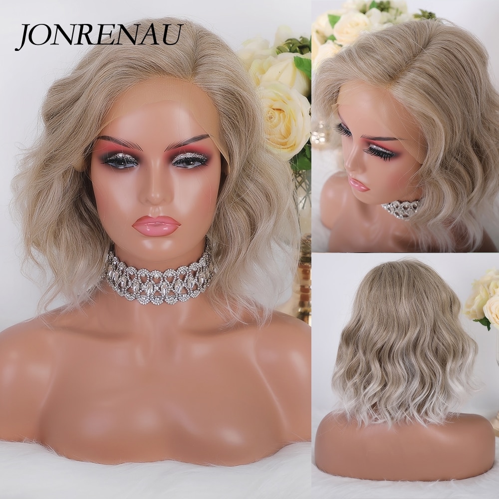 Jonrenau Kurze Licht blond Spitze Vorderseite Bobo Haar Perücken Synthetische Spitze Teil Perücke Für Weiße Frauen Täglichen Party Verwenden Wärme beständig