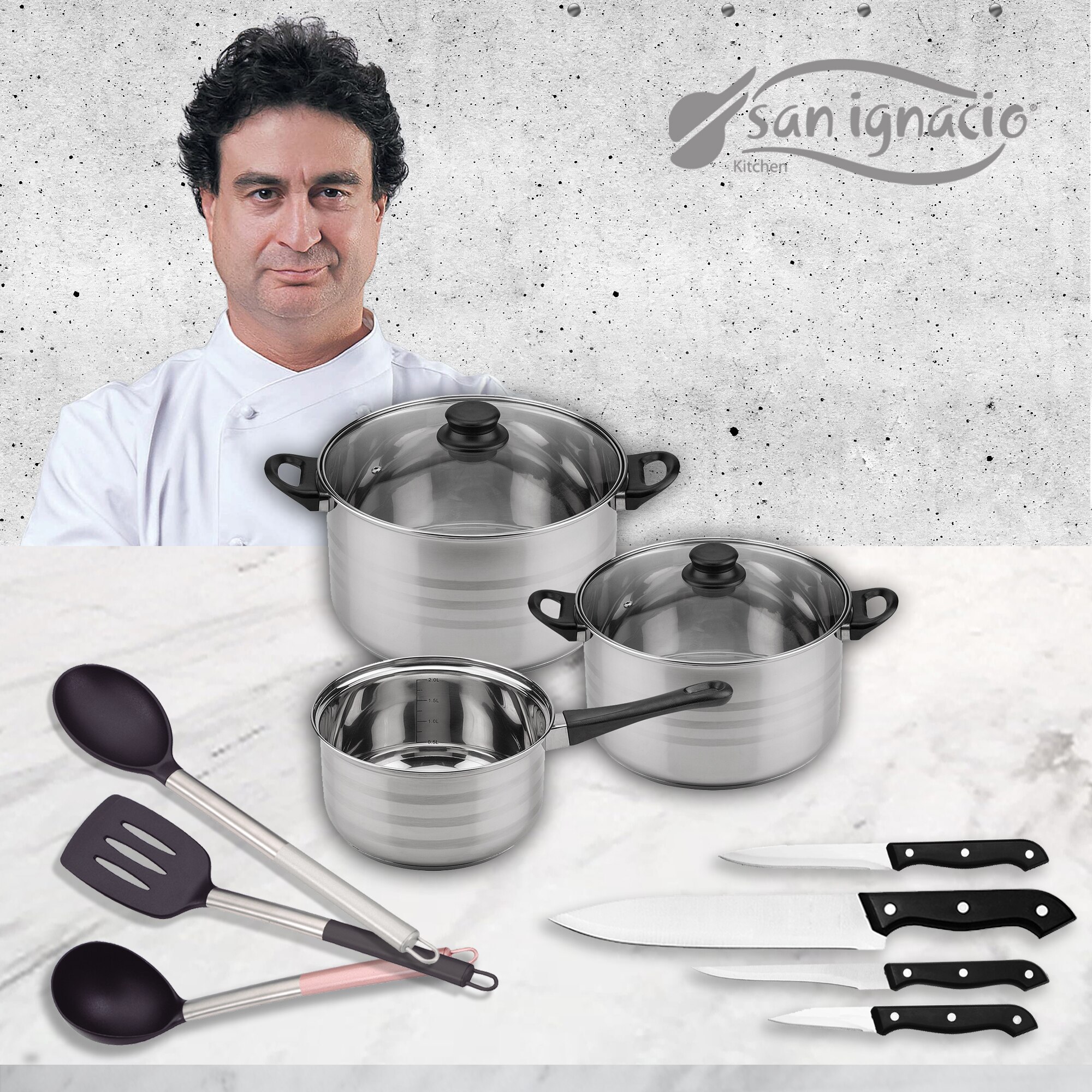 Pack töpfe & pfannen 5 stück mit messer und küche liefert in edelstahl Heilige ignacio Sammlung Prämie