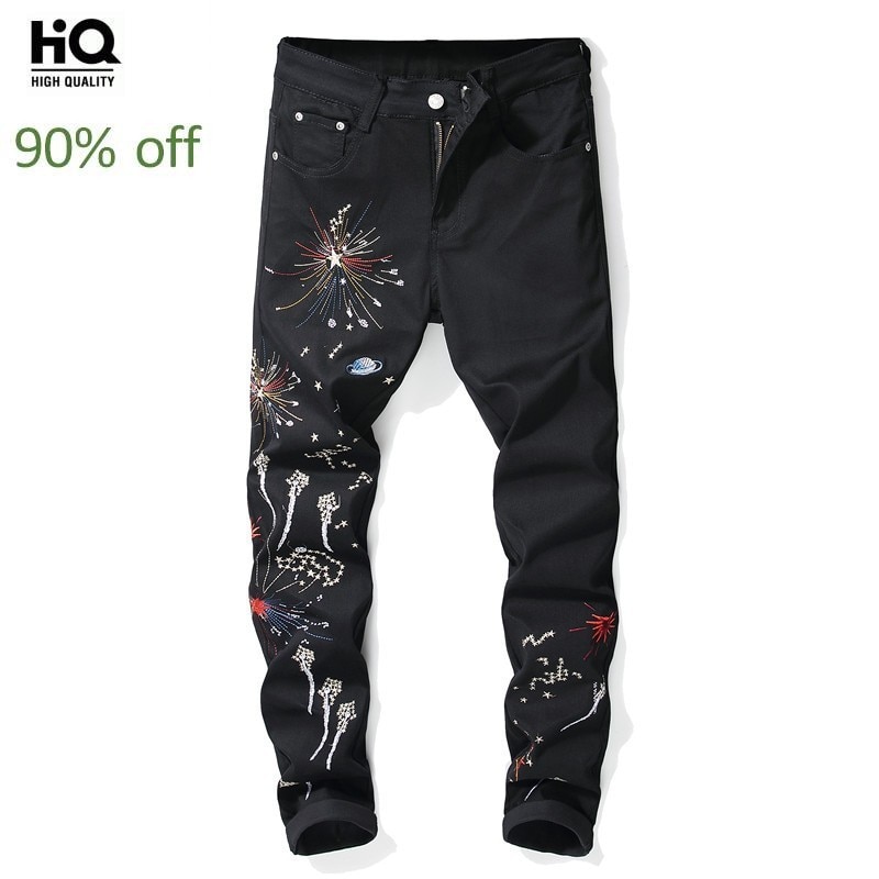 neue Mens Dünne Denim Hosen Stickerei Druck Jeans Hosen Männliche Schwarz lässig Elastische Bleistift Hosen Plus Größe