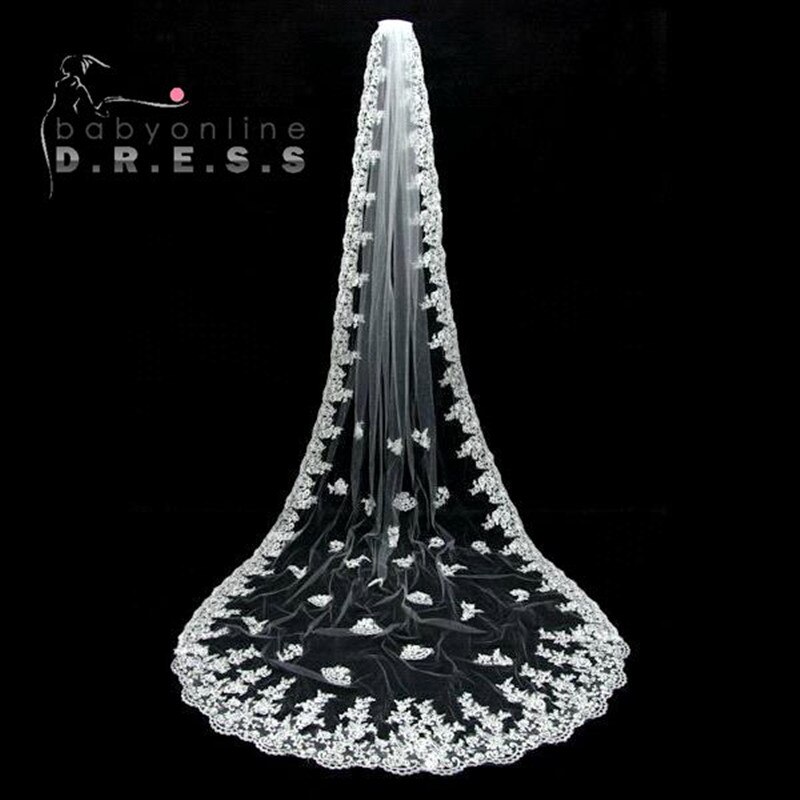 Veu De Noiva Longo 3 Meter Appliques Spitze Rand Braut Schleier Weiß Elfenbein Hochzeit Zubehör Kathedrale Hochzeit Schleier Schleier Maria