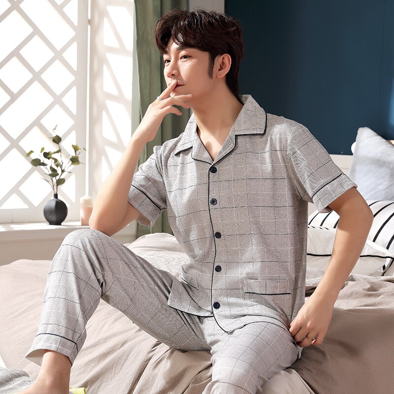 Männer Pyjama Sommer 100% Baumwolle Männer Schlafanzug einstellen Kurzarm Lange Hosen Zwei Stücke Gesetzt Männlichen Pyjama Plus Größe 3XL Nachtwäsche Anzug