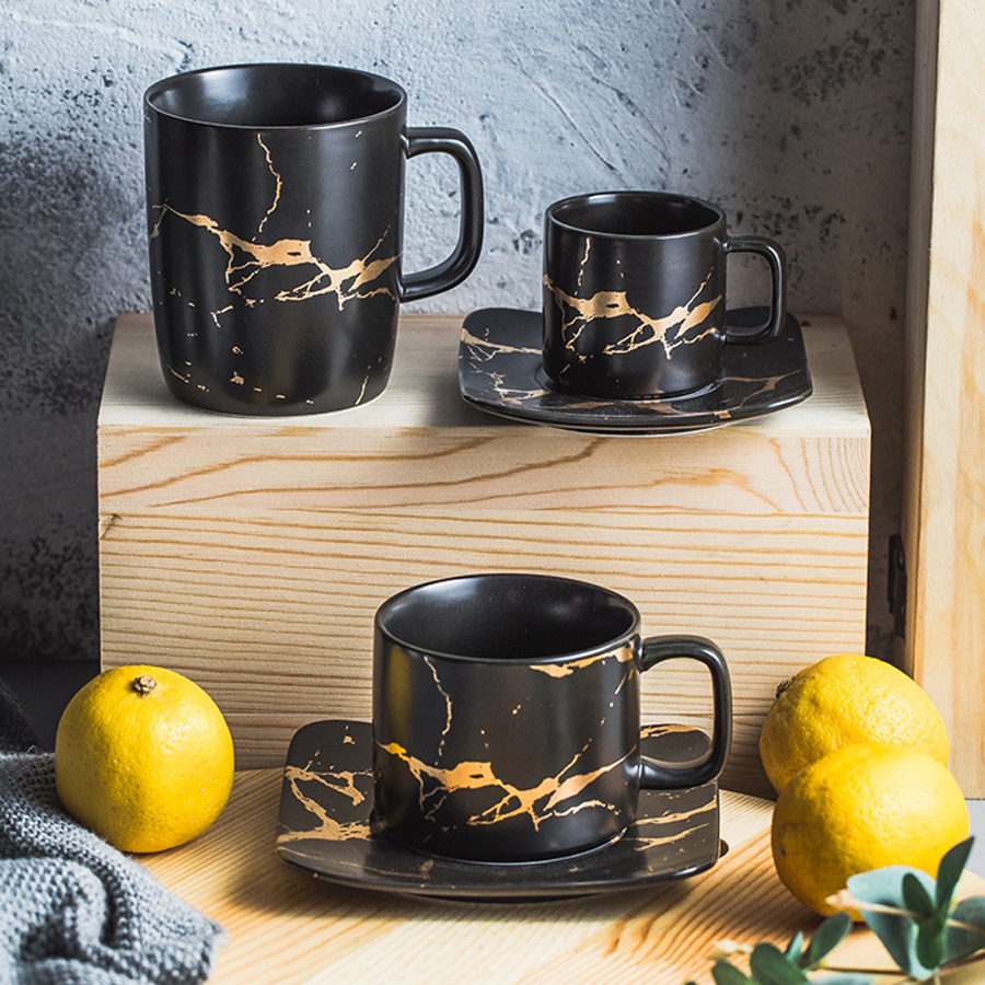 Keramik Tee Tasse Und Untertasse einstellen Kreative Goldene Porzellan Tee Tasse einstellen Schwarz Kaffee Tasse einstellen Getränk