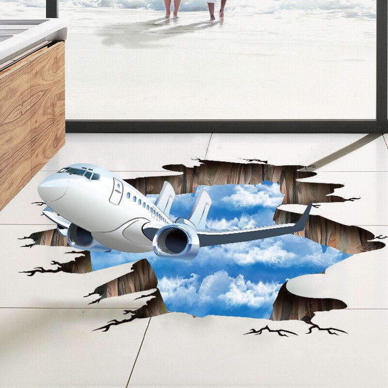 Blau Himmel 3D flugzeug Gebrochen Zauberstab aufkleber wohnzimmer badezimmer dekoration decals Heimat Dekor flugzeug Gebrochen Boden aufkleber