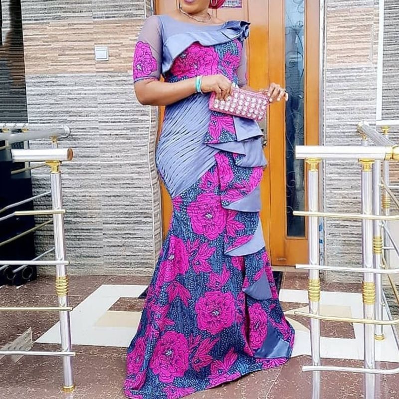 MD Plus Größe ankara Kleider Frauen Afrikanische drucken Kleid Rüschen Blumen- Bodycon Lange Kleid Damen Kleidung vestido de festa longo