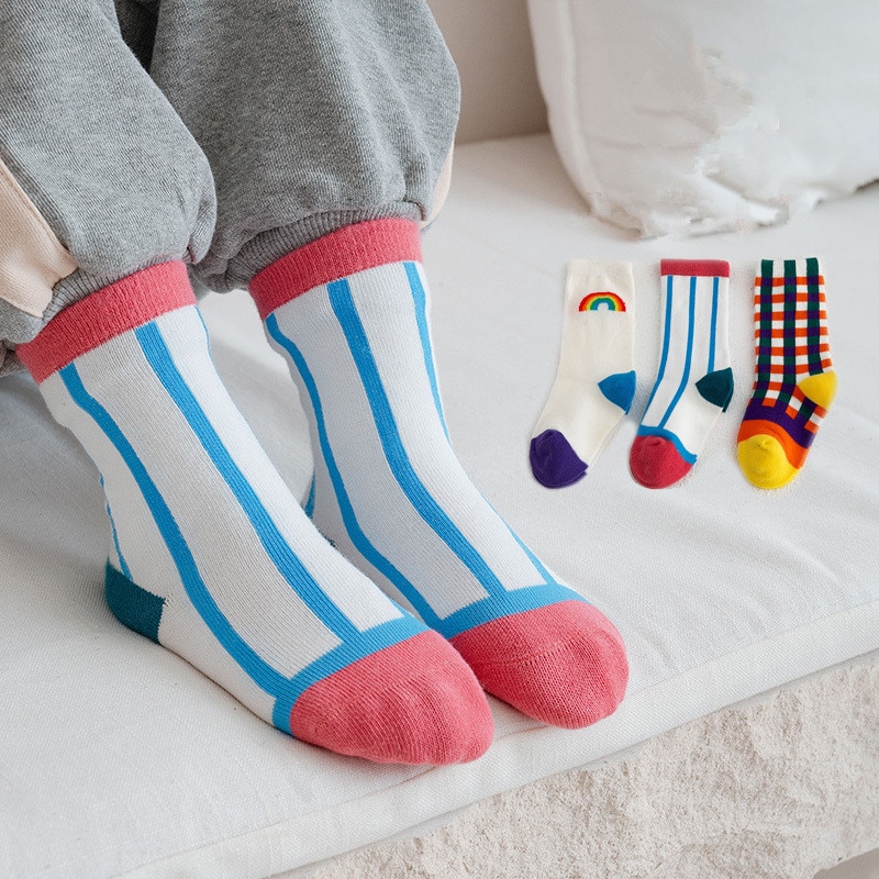 3 paare/satz Bunte freundlicher Socken Baumwolle Socken für Jungen gestreift Beiläufige Socken für freundlicher Mädchen freundlicher Sport Socken 1-8Y