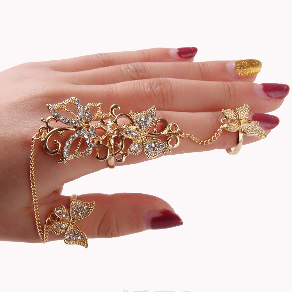 1PC Strass Blume Schmetterling Volle Finger Ring Gold Chian Verknüpfung Doppel Ring