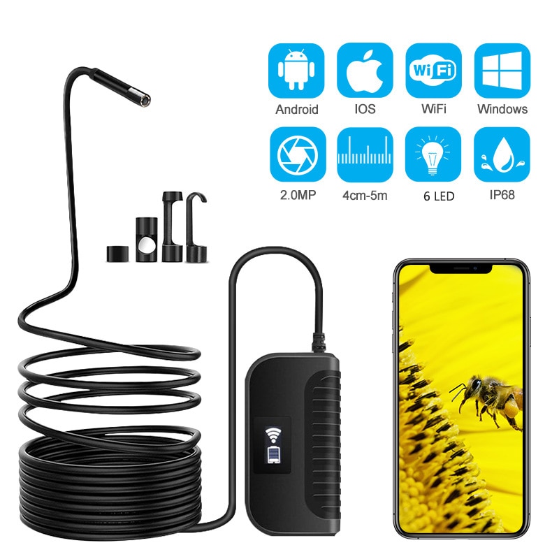 2,0 MP 1080P HD WiFi Inspektion Kamera 8mm halb-Starre Schlange Kamera IP68 Wasserdicht Endoskopische Kamera für iPhone, Android, iOS