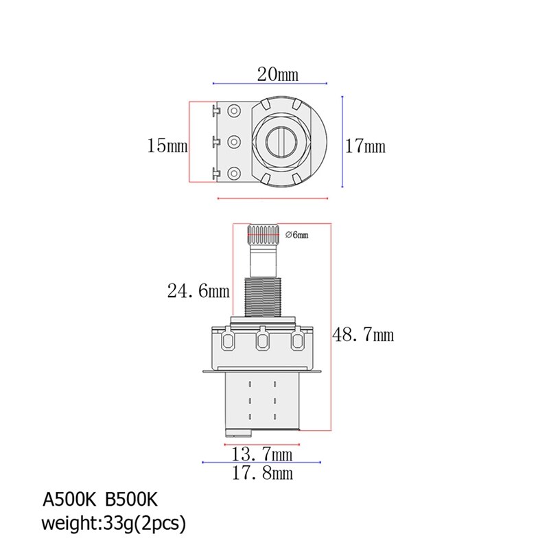 2Stck(A500K + B500K) drücken-ziehen-Steuerung Topf Potentiometer für E-gitarre Bass Volumen Kontrolle Gitarre Schalter Knopf Mithelfer