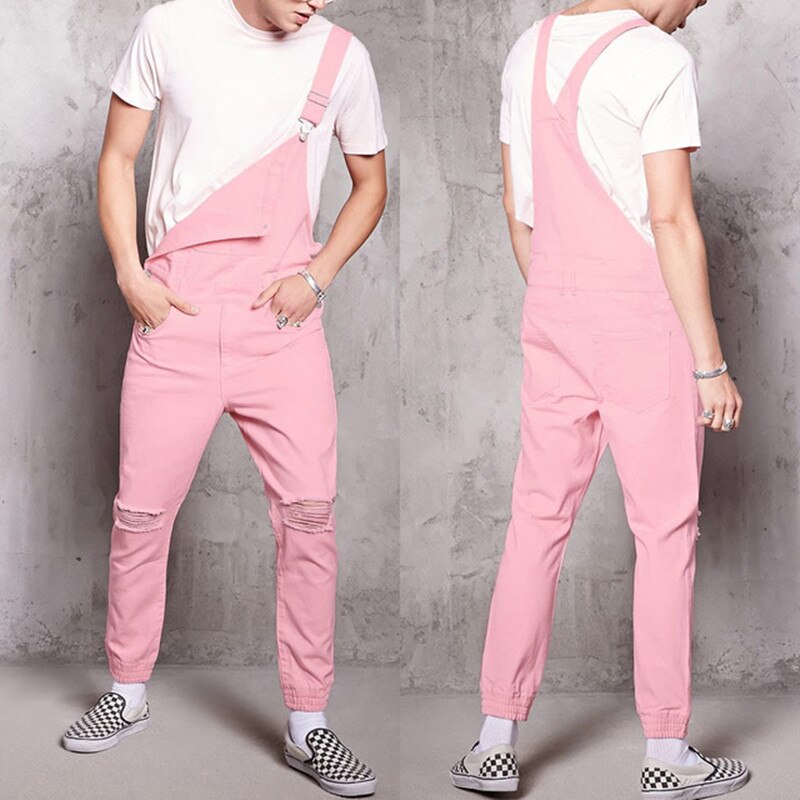 Strampler Herren Gesamt 2022 Neue Baumwolle Beiläufige Männliche Denim Zerrissenen Jeans Hosen Rosa Overall conjunto masculino Größe XXXL