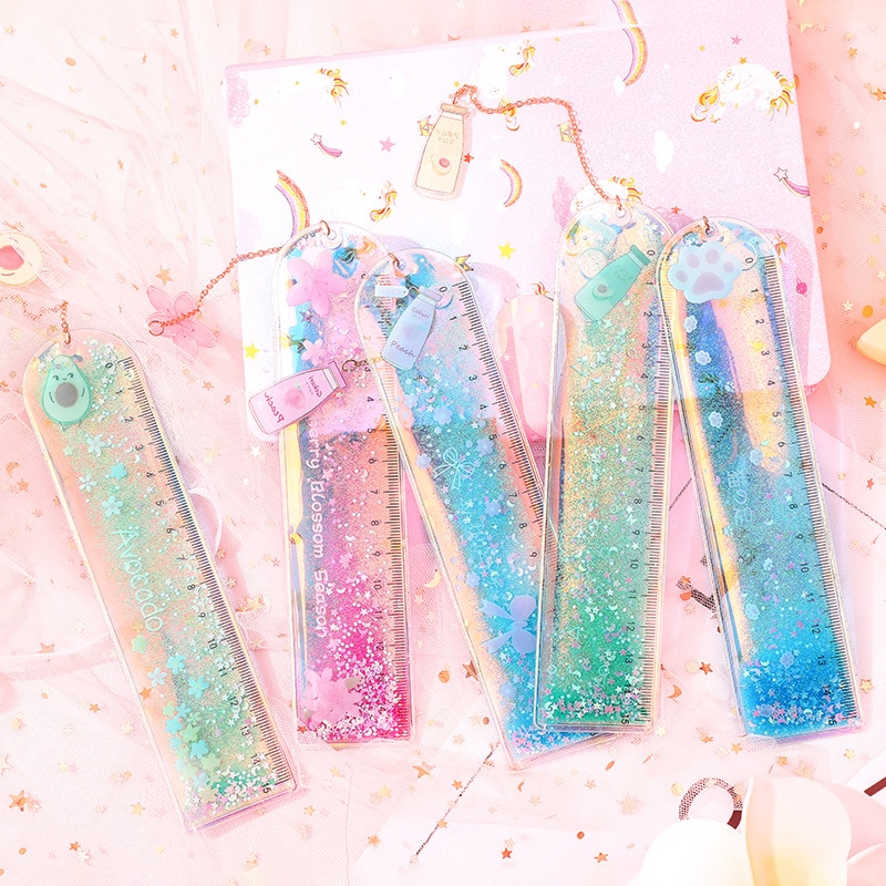 Kawaii Treibsand Pailletten funkeln Lineal Nette Avocado Gerade Lineal Mit einem Anhänger Lesezeichen Für freundlicher Schule Sauerei Schreibwaren