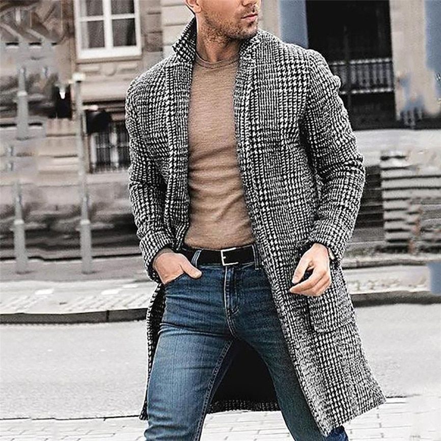 Herren Graben Mantel Jacke Strickjacke Plaid drucken Mantel Männer lässig Winter Hounstooth Herren Langen Mantel Jacke Outwear