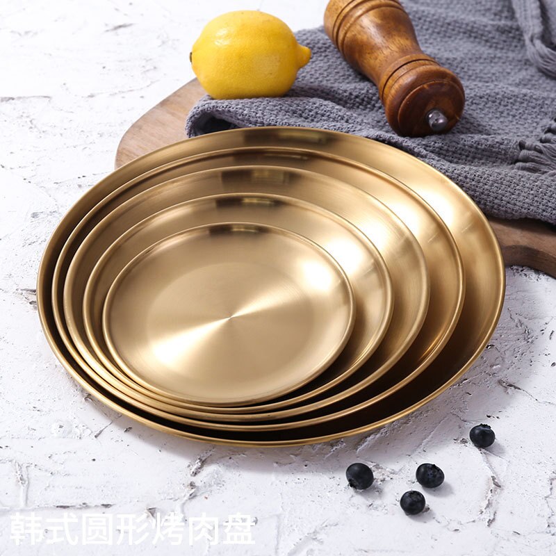 Abendessen Platten edelstahl goldene platte Tablett Westlichen Steak Runde Tablett Gerichte Runde Platte Kuchen Küche Platten