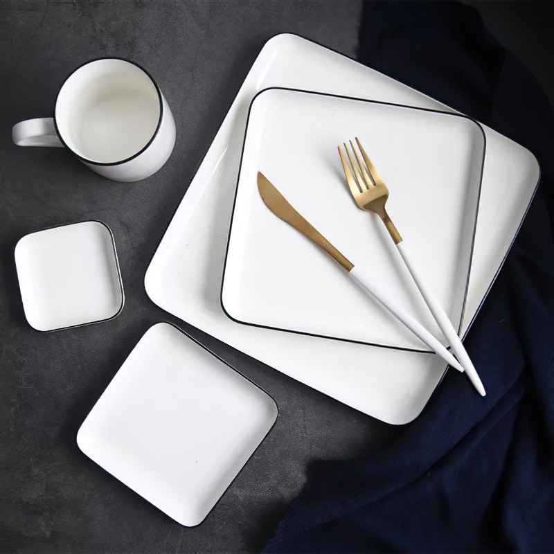 1 stücke Keramik Platte nordisch Schwarz Grenze 8/10 Zoll Weiß Quadratischen Erzähler Knochen China Geschirr Haushalt Küche Liefert Geschirr